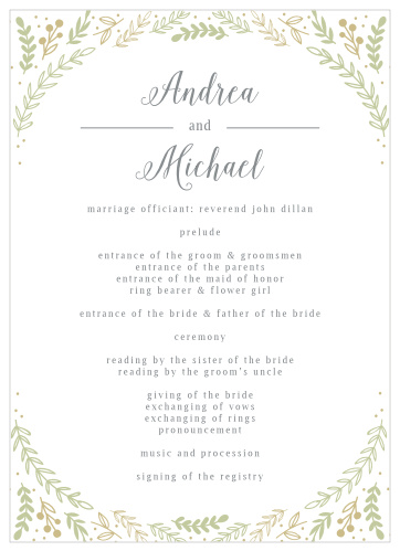 Whimsical greenery adorns the top and bottom of the Romantic Evergreen Wedding Programs. 
