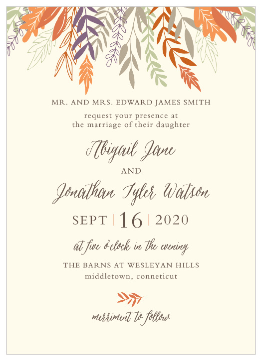 Autumn foliage descends from the top of the Fall Harvest Wedding Invitations.