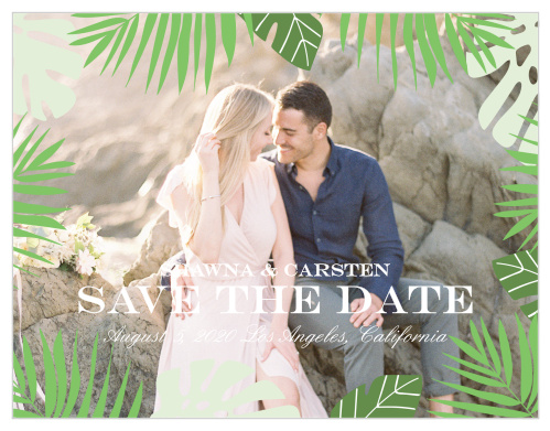 Craft your summer wedding theme with the Tropical Palm Save-the-Date Cards.