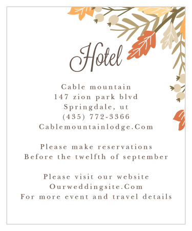 Let guests know when and where to make the best travel reservations with the Falling Leaves Accommodation Cards.