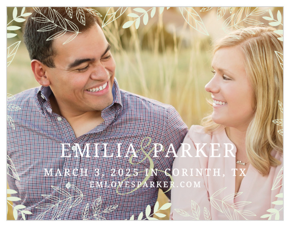 Delicate leaves frame your picture on the Secret Garden Save-the-Date Cards.
