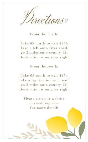 The Summer Citrus Direction Cards feature illustrated lemons and leaves that coordinate perfectly with the rest of the Summer Citrus Wedding Invitation Suite.