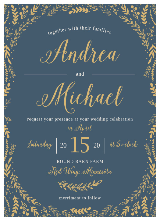 Whimsical greenery surrounds your text on the Romantic Evergreen Foil Wedding Invitations.