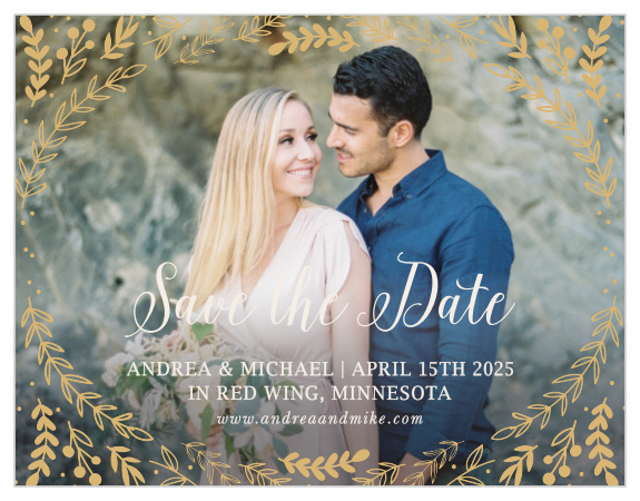 Whimsical greenery surrounds your photo on the Romantic Evergreen Foil Save-the-Date Magnets.