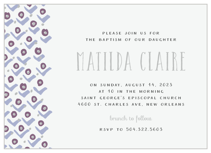 A stylized pattern of rosebuds cascades down the left-hand side of the Blushing Buds Foil Girl Baptism Invitations.