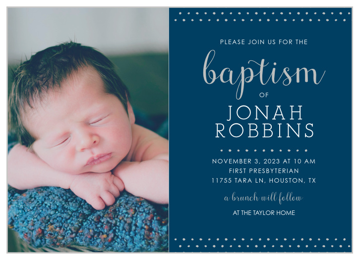 Make your son the star of the Polka Dot Border Foil Boy Baptism Invitations. 