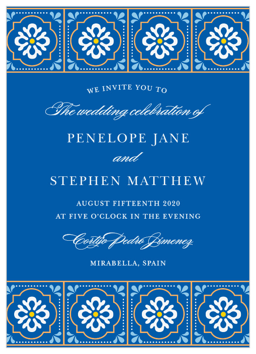 Bright stylized florals make a border at the top and bottom of the Spanish Tile Wedding Invitations.