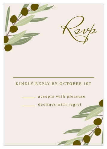 Willowy olive branches grace the corners of the Mediterranean Romance Response Cards.