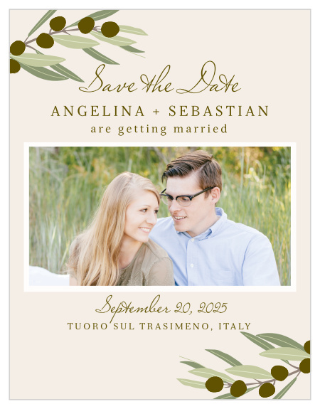 Willowy olive branches grace the top and bottom of the Mediterranean Romance Save-the-Date Cards. 