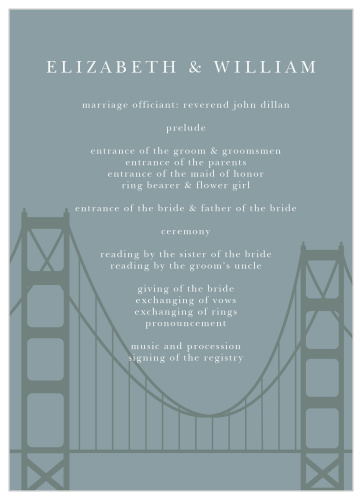 Customize programs for your California wedding with the Golden Gate Wedding Programs.