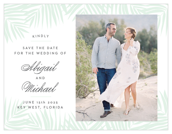 Delicate palm fronds create borders along the top and bottom of the Palm Beach Save-the-Date Magnets. 