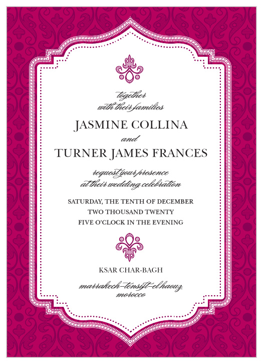 Rich details and opulent fonts give the Moroccan Frame Wedding Invitations a luxurious feel.