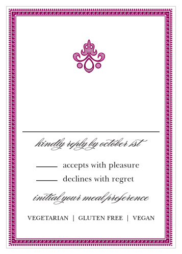 Opulent fonts and ornate details give the Moroccan Frame Response Cards a luxurious feel. 