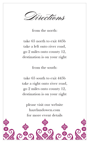 The Moroccan Frame Direction Cards' rich design is perfect for detailing driving directions to your luxurious wedding venue.