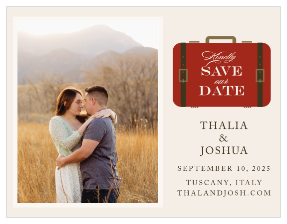 Tell guests to pack their bags for your destination wedding with the Lavish Luggage Save-the-Date Magnets.