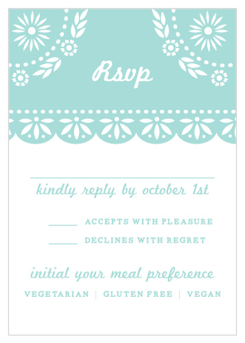 Beautiful floral illustrations with the look of paper cutouts decorate the Papel Picado Response Cards.