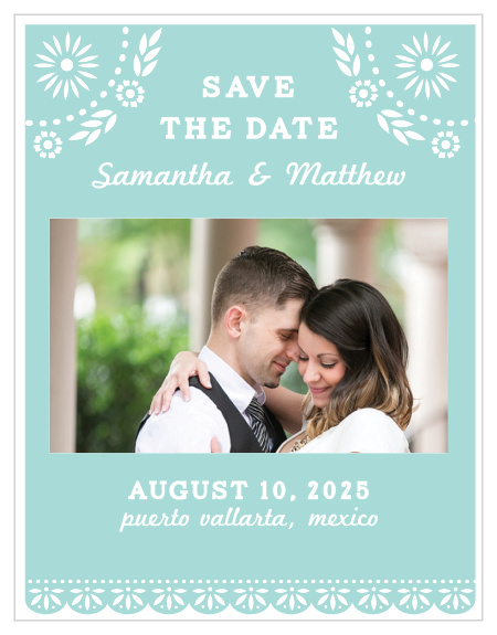 Gorgeous illustrations with the appearance of paper cutouts illustrate the Papel Picado Wedding Save-the-Date Magnets.