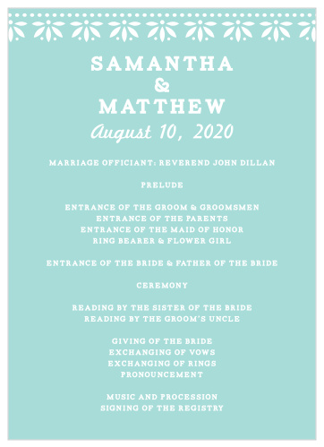 Beautiful illustrations of cutout flowers illustrate the Papel Picado Wedding Programs. 