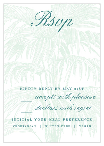A beautiful illustration of a tropical plant gives the Palms of Paradise Response Cards a luxurious feel. 