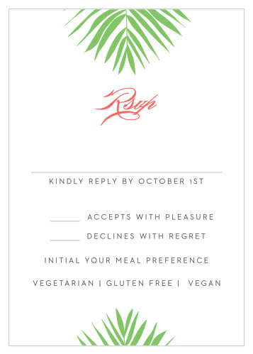 Carefree palm fronds make the Tropical Flamingo Response Cards a fun, summery way to collect RSVPs.