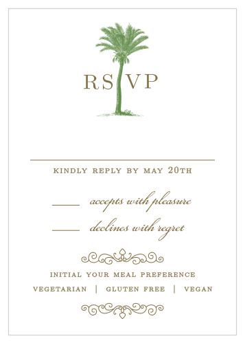 A finely drawn palm tree cuts through the “RSVP” on the Caribbean Palm Response Cards. 