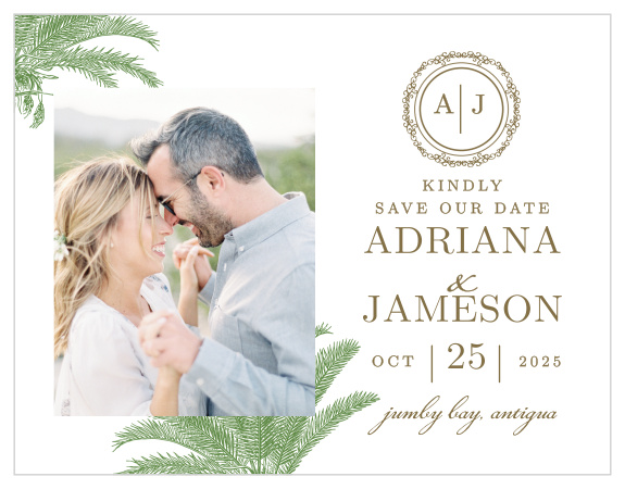Finely drawn palms frame your photo on the Caribbean Palm Save-the-Date Magnets. 