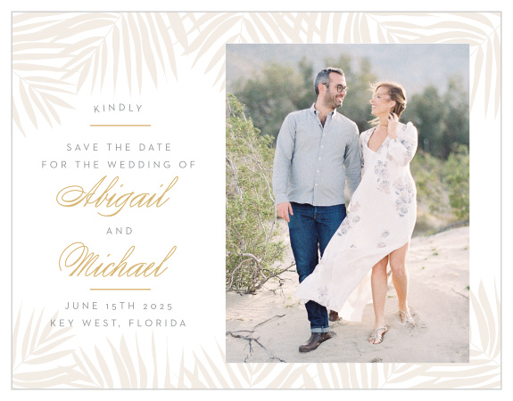 Delicate palm fronds create borders along the top and bottom of the Palm Beach Foil  Save-the-Date Magnets. 