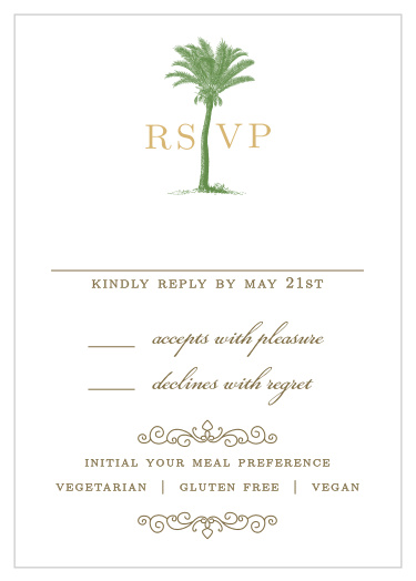 A finely drawn palm tree cuts through an “RSVP” in gold or silver foil on the Caribbean Palm Foil Response Cards