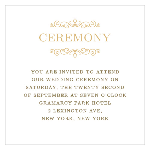 Beautifully ornate scrolls in gold or silver foil frame the title of the Caribbean Palm Foil Ceremony Cards.