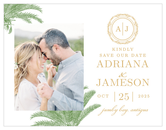 Finely drawn palms and gold or silver foil accent your photo on the Caribbean Palm Foil Save-the-Date Magnets.