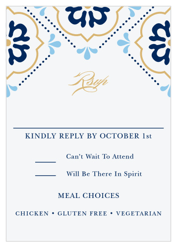 Create unique and vibrant RSVPs with the Spanish Tile Foil Response Cards. 