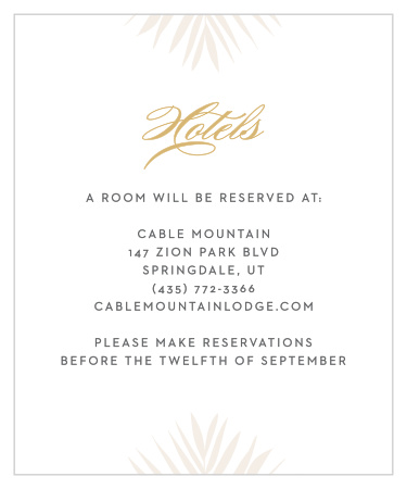 Palm fronds decorate the top and the bottom of the Tropical Flamingo Foil Accommodation Cards.