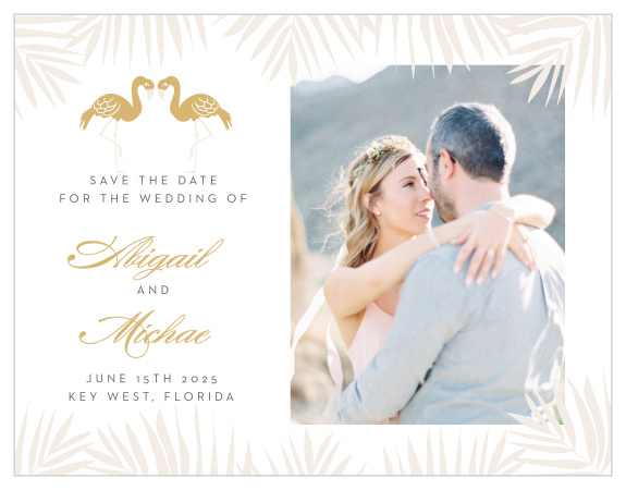 Announce your carefree destination wedding with the Tropical Flamingo Foil Save-the-Date Magnets. 