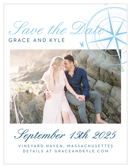 Reserve your spot on your guests' calendars with the Nautical Compass Save-the-Date Magnets. 