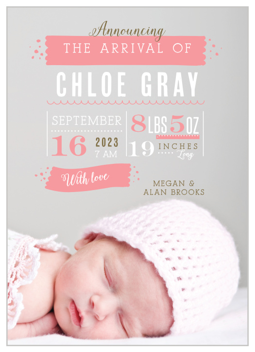 Your newborn child’s photo is the backdrop to the Baby Stats Birth Announcements from the Love Vs Design Collection at Basic Invite.