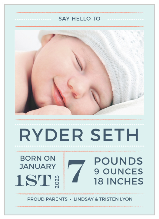 Introduce your little man with the Dotted Lines Boy Birth Announcements from the Love Vs Design Collection at Basic Invite.