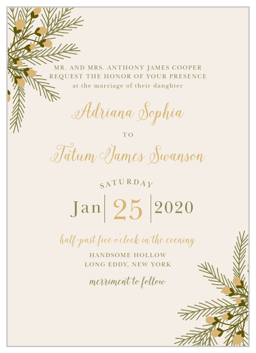 Create an invite to match your rustic winter wedding theme with the Pine Berries Foil Wedding Invitations.