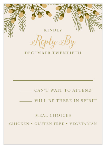 Rustic pine boughs and bunches of festive berries adorn the top of the Pine Berries Foil Response Cards. 