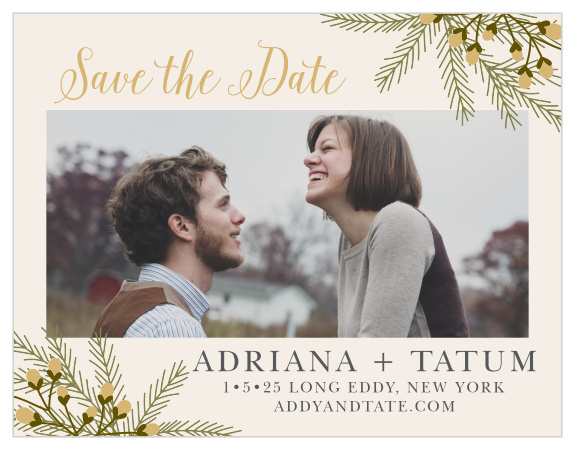Prepare guests for your rustic winter wedding with the Pine Berries Foil Save-the-Date Magnets.
