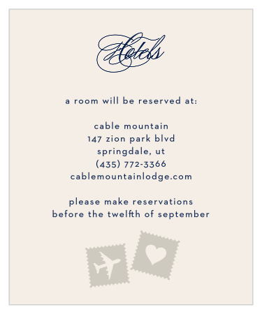 Cute stamps accent the bottom of the Posh Postmark Accommodation Cards from the Love Vs Design Collection at Basic Invite.