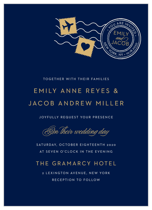 Create gorgeous, unforgettable invites to your jet-set wedding with the Posh Postmark Foil Wedding Invitations.