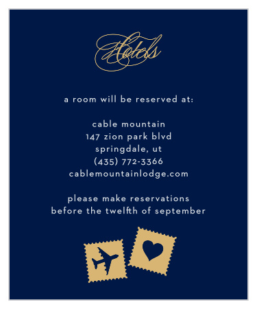 Cute stamps accent the bottom of the Posh Postmark Foil Accommodation Cards from the Love Vs Design Collection at Basic Invite.