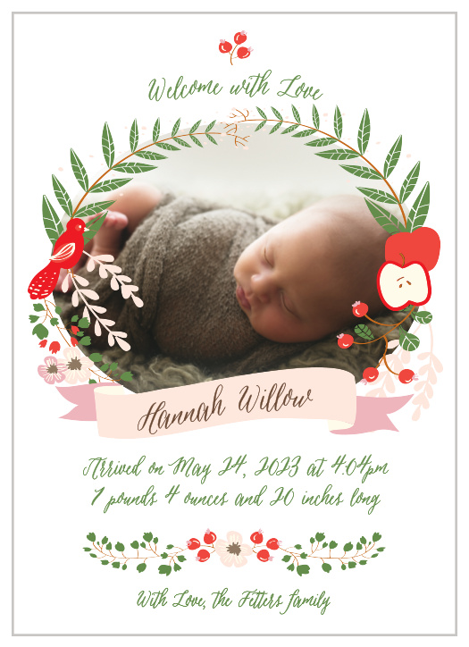 A wreath of foliage, fruit and a bird frame your newborn child’s photo on the Whimsical Forest Birth Announcements.