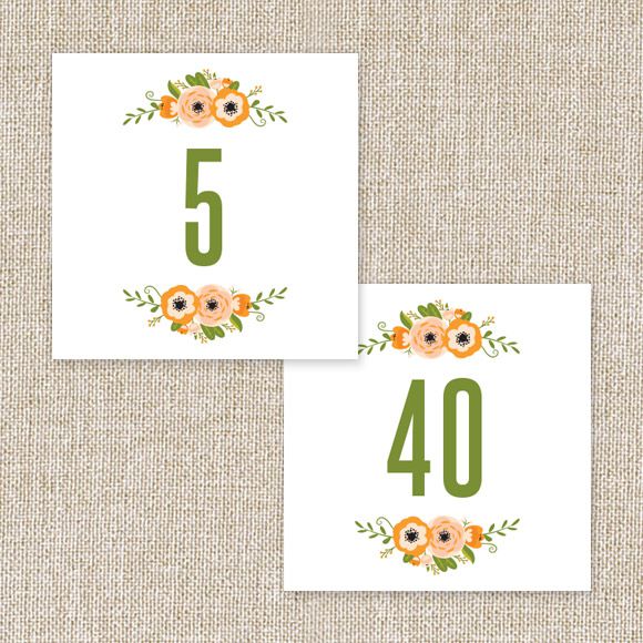 Size: 5" x 5" | 12.7cm x 12.7cm Set up: 2 table numbers on 8.5" x 11" page or A4, 20 pages total. Colors: tangerine, tea, black, peach, sageAvailable in the numbers 1 through 40. No printed table numbers will be mailed to you. After you purchase this digital item, you can instantly download your PDF to print on your own. 